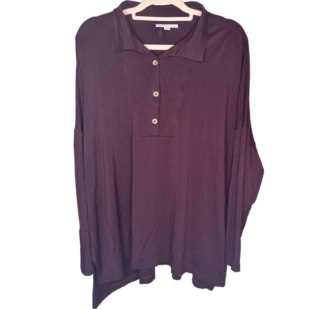 J. JILL PUREJILL Tranquility Fleece Buttoned Collar Top Long Sleeve Burgundy 3X